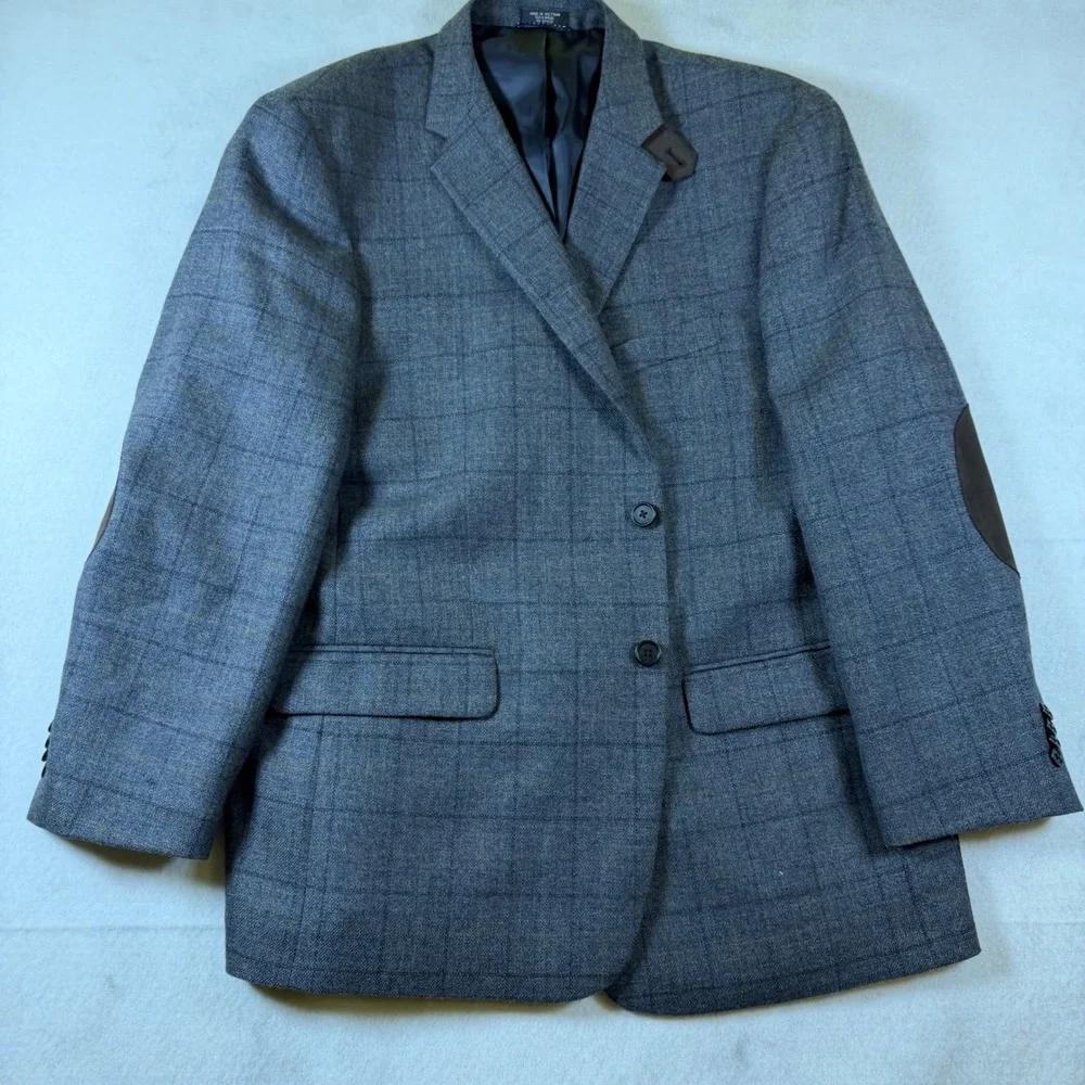 Tommy Hilfiger Mens 44S Grey Wool Plaid Blazer Sport Coat Elbow Patches 44 Short